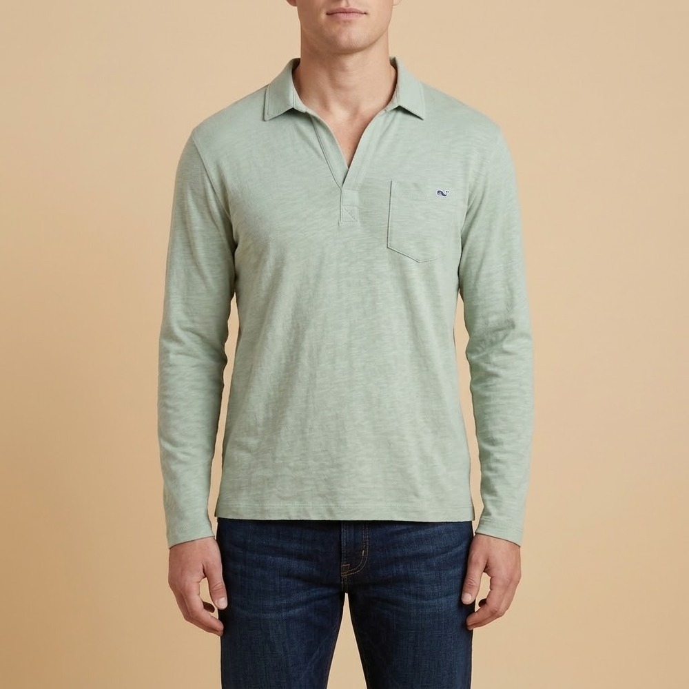 Vineyard Vines Men's Long Sleeve Polo Shirt Medium Light Green Cotton